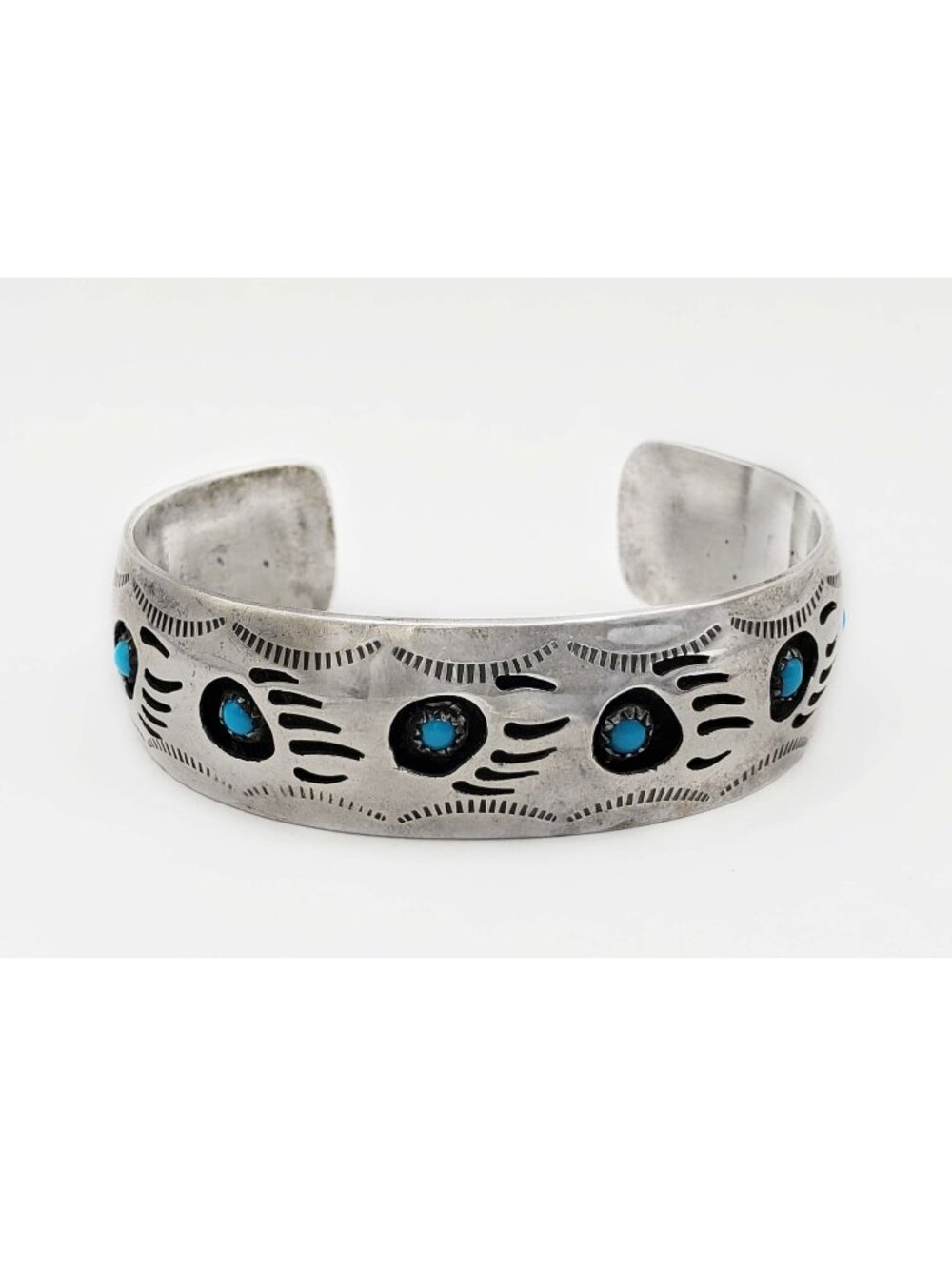Pearlene Spencer Navajo Turquoise Bear Paw Design Cuff Bracelet Sterling Silver